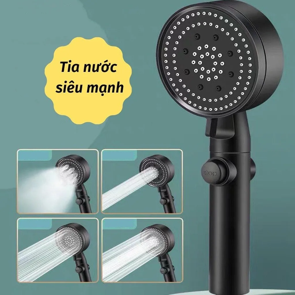 Bộ Vòi Hoa Sen Đầu Vòi Tăng Áp 5 Chế Độ Tiết Kiệm Nước Màu Đen Sang Trọng(dây + Vòi Sen)