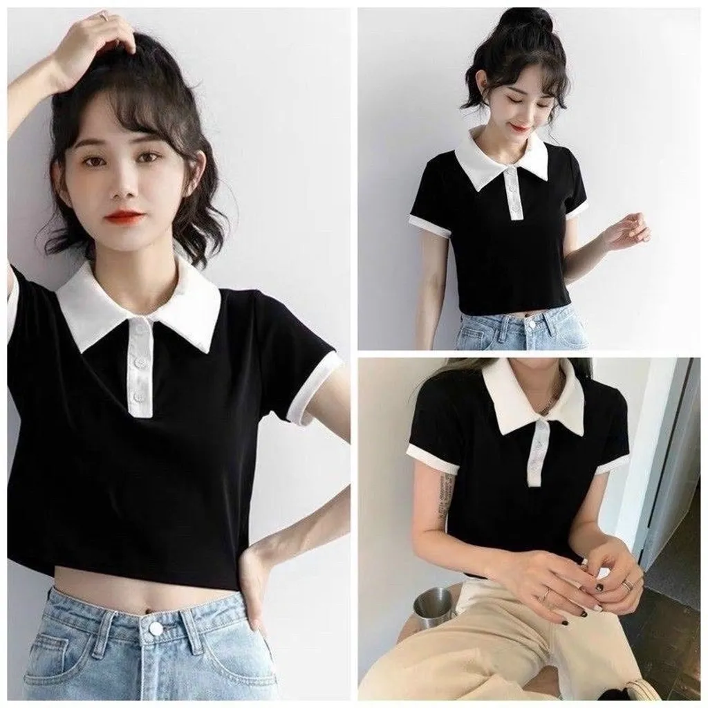 Áo Crotop Cổ Polo Phối Màu Đen Trắng Ug315 - Nana House