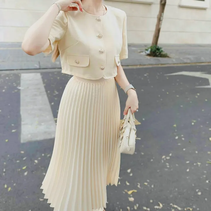 Alternative view of Set Áo Cổ Tròn Linen Crotop Mix Chân Váy Lụa 2 Lớp Dập Ly Hàn Quốc Dd210 - Nana House
