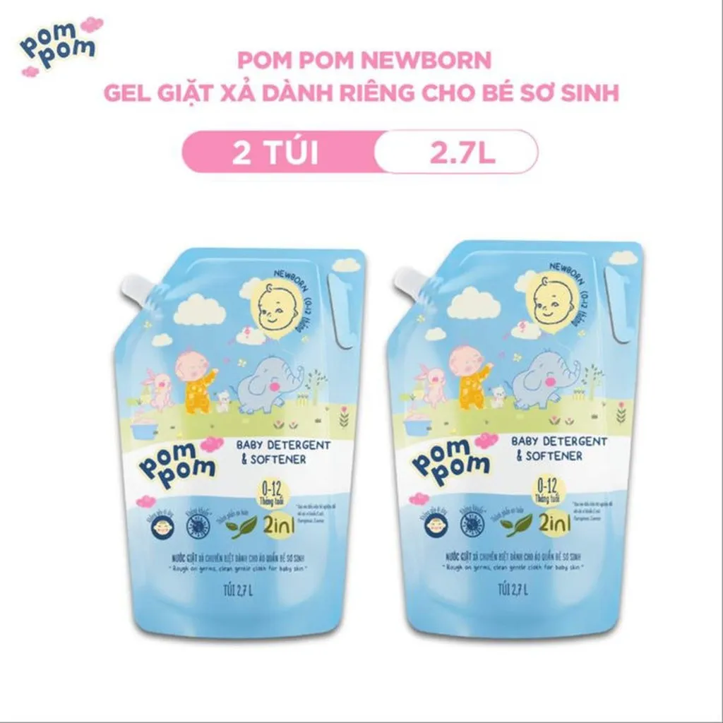 [combo 2 Túi 2.7l] - Dành Cho Bé Sơ Sinh - Gel Giặt Xả 2in1- Sạch Sâu - Kháng Khuẩn - Khử Mùi Nôn Trớ, Ọc Sữa, Tè Khai-lưu Hương Phấn Thơm Dịu Nhẹ