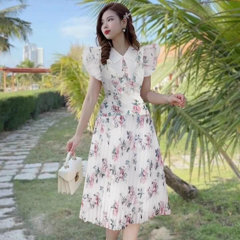 Đầm Nữ Dáng Xòe Dập Ly Tay Bồng Ôm Eo Tôn Dáng Chất Voan Hoa T778 -lisa