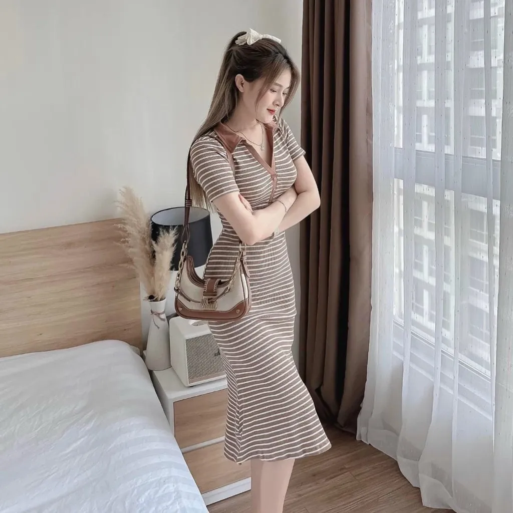 Alternative view of Đầm Nữ Ôm Body Cổ Pholo Tay Ngắn Dáng Dài Chất Thun Gân Sọc M785 - Lisa