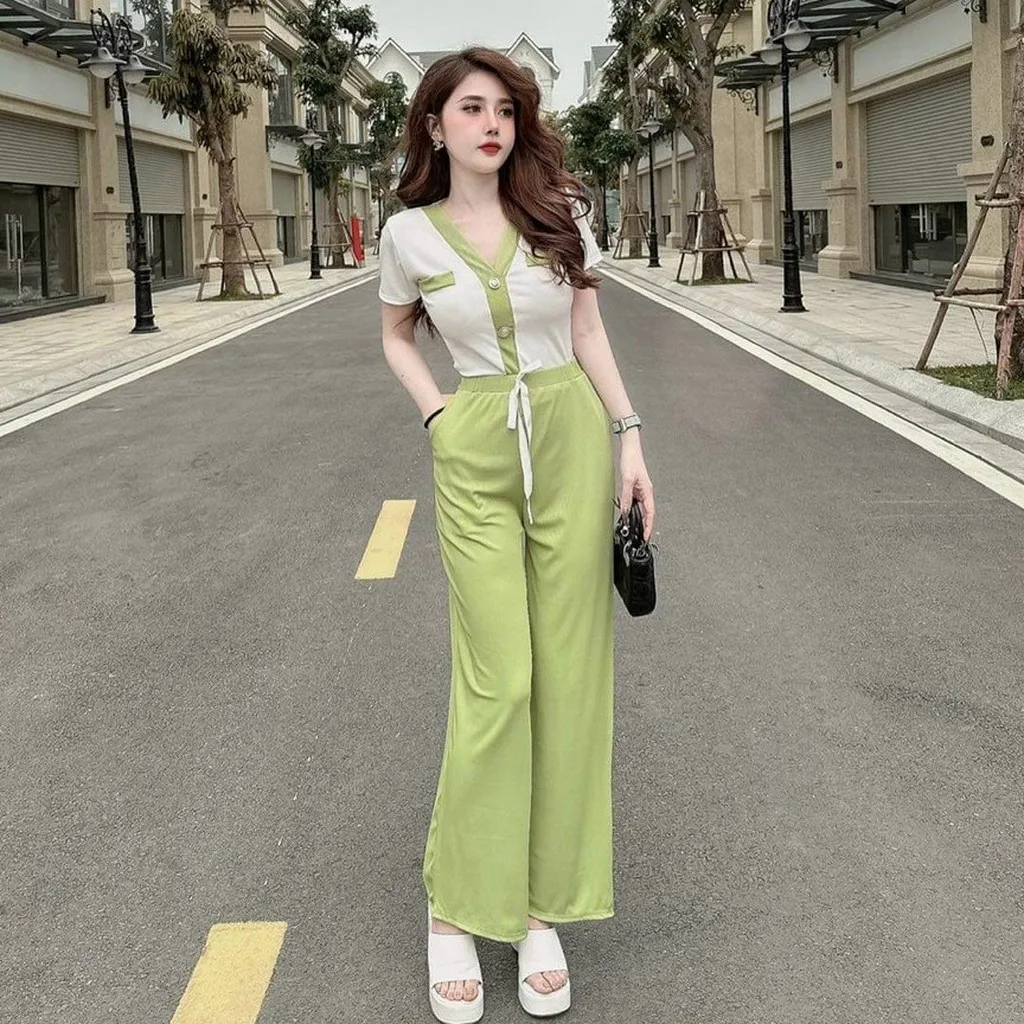 Alternative view of Set Đồ Bộ Nữ Áo Croptop Cổ Tim Tay Ngắn Kèm Quần Dài Chất Thun M795 - Lisa