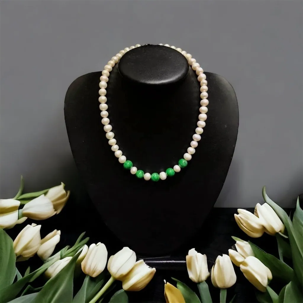 Vòng Cổ Ngọc Trai Nuôi Phối Hạt Ngọc Cẩm Thạch Thiên Nhiên - Thắng Giang