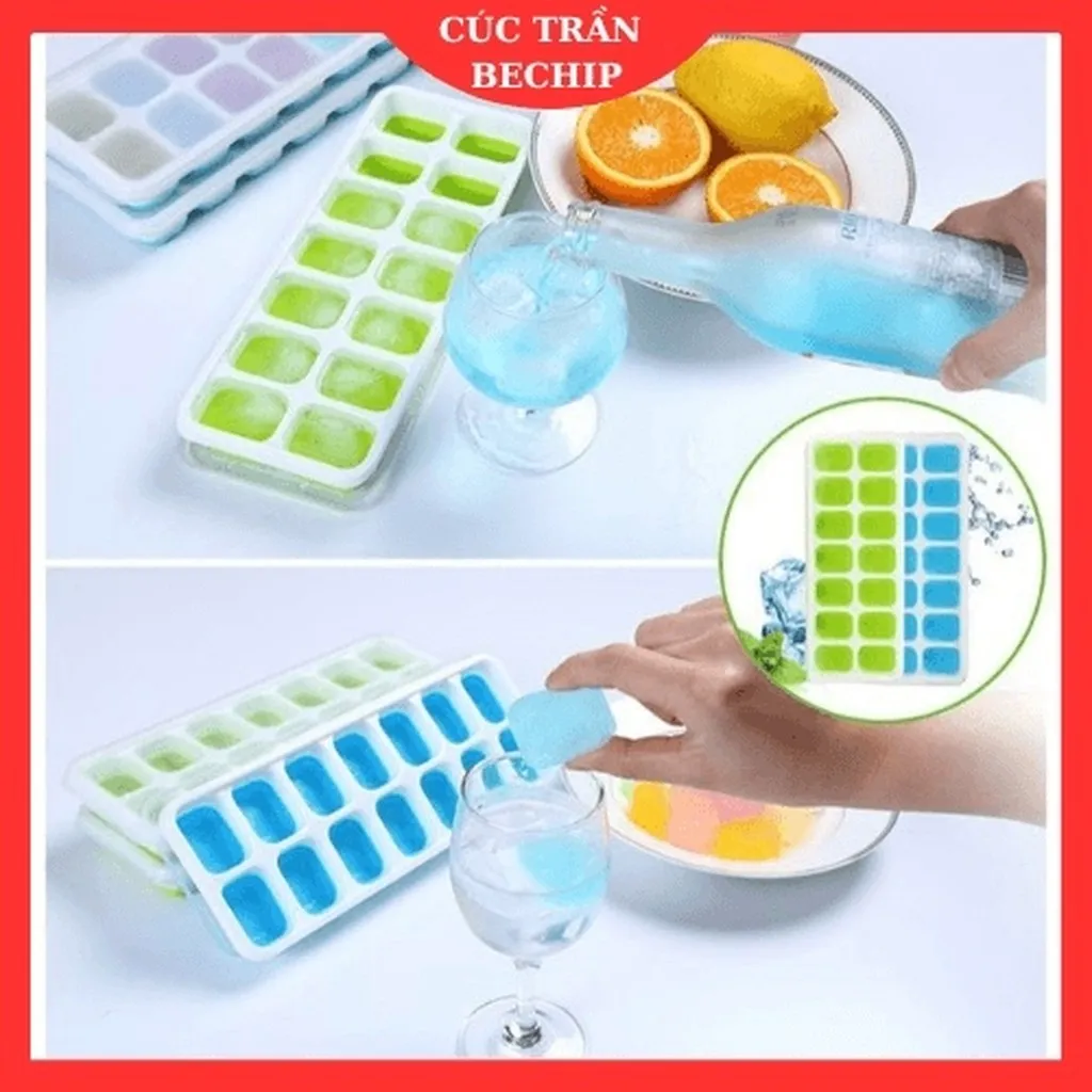 Combo 2 Khay Làm Đá Silicone, Chống Dính 14 Ô Có Nắp Đậy Ctb127 - Bechip