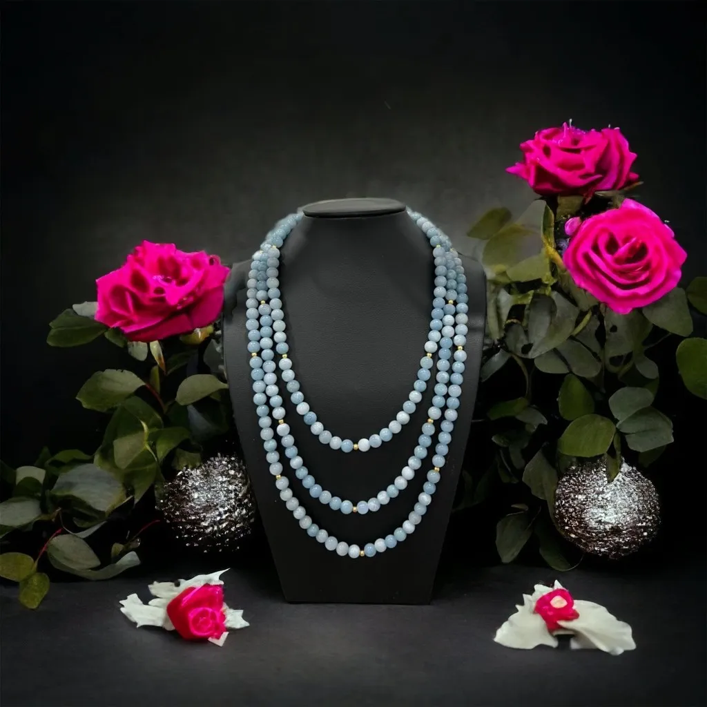 Chuỗi Vòng Cổ Đá Thạch Anh Màu Aquamarine Ba Tầng Hầu Dâng - Thắng Giang