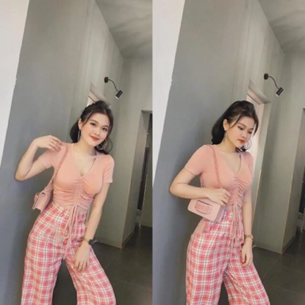 Áo Phông Nữ Dây Rút Cổ Tim Áo Thun Trơn Cộc Tay Nhiều Màu Kiểu Dáng Đẹp, Hợp Thời Trang P009 - Chốt Đi Store