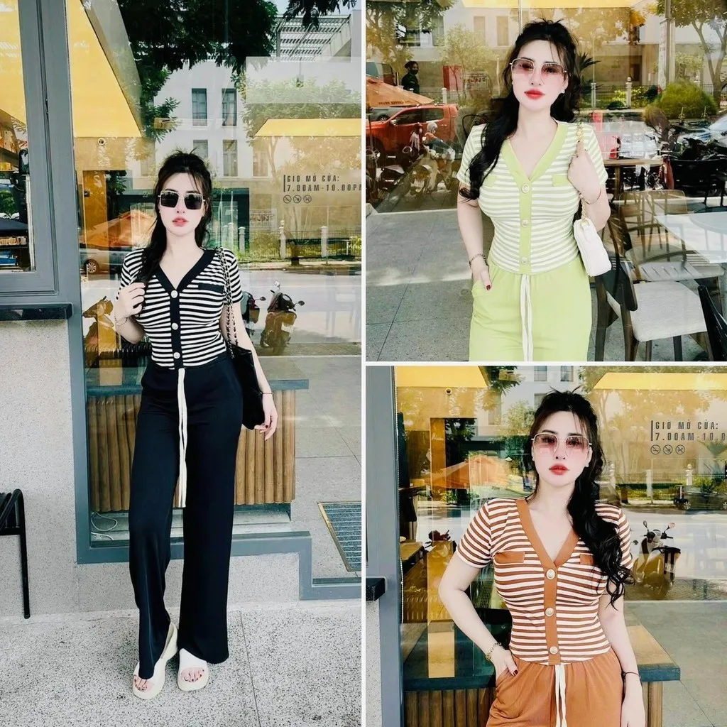 Set Đồ Bộ Nữ Tay Ngắn Áo Thun Sọc Cổ Chữ V Quần Dài Dd089 - Nana House