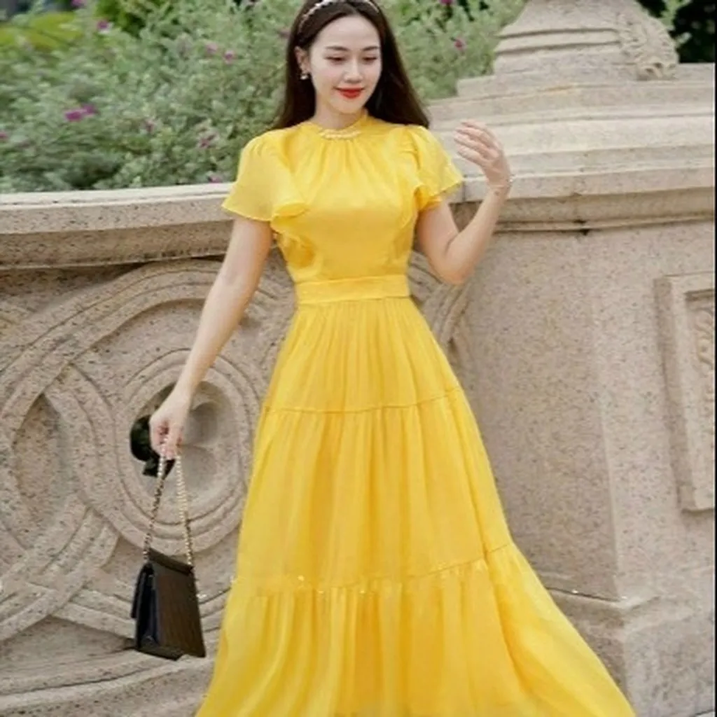 Đầm Nữ Cổ Tròn Tay Bèo Dáng Maxi Xòe Chất Voan Chingfon 2 Lớp V555 - Lisa
