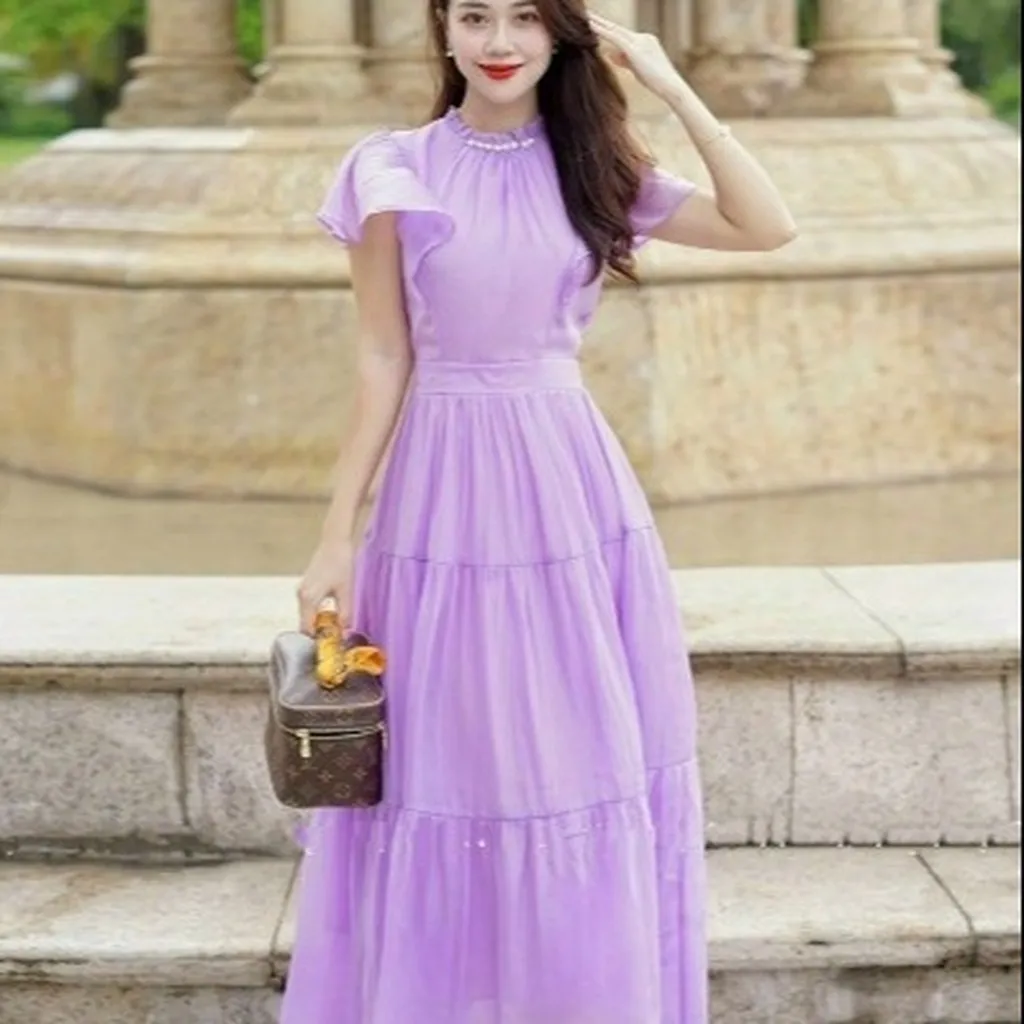 Alternative view of Đầm Nữ Cổ Tròn Tay Bèo Dáng Maxi Xòe Chất Voan Chingfon 2 Lớp V555 - Lisa