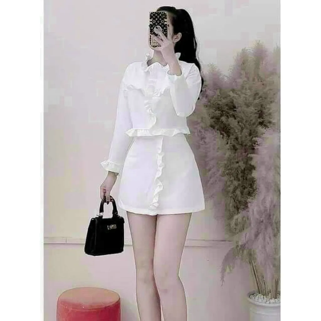 Set Áo Dài Tay Nhún Bèo + Kèm Chân Váy Chất Đũi Nhăn Cao Cấp T367 - Lisa