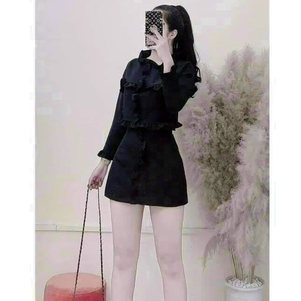 Alternative view of Set Áo Dài Tay Nhún Bèo + Kèm Chân Váy Chất Đũi Nhăn Cao Cấp T367 - Lisa