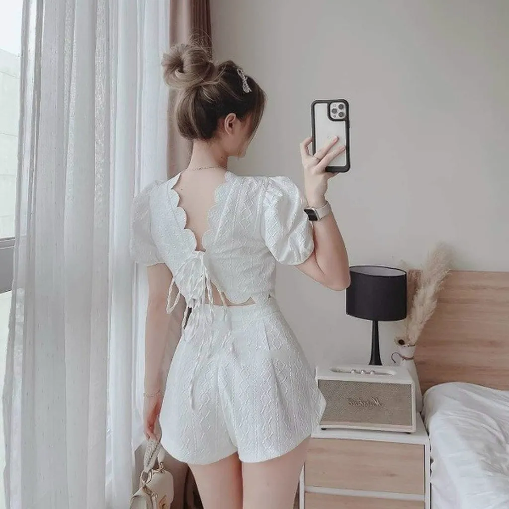 Set Bộ Đồ Nữ Quần Short + Áo Dây Lưng Lai Gợn Sóng Cắt Laze Chất Xốp Gân T354 - Lisa