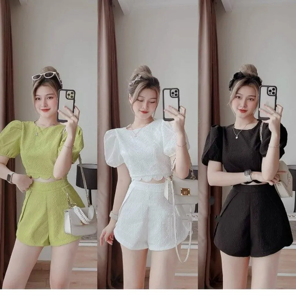 Alternative view of Set Bộ Đồ Nữ Quần Short + Áo Dây Lưng Lai Gợn Sóng Cắt Laze Chất Xốp Gân T354 - Lisa