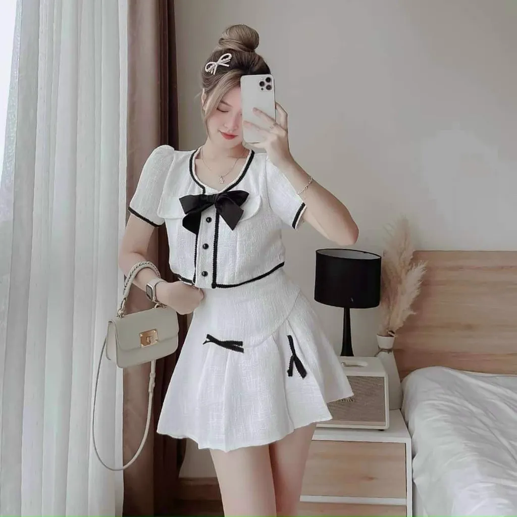 Alternative view of Set Chân Váy Có Lót Kèm Áo Viền Ren Kèm Nơ Chất Vải Xốp T348 - Lisa