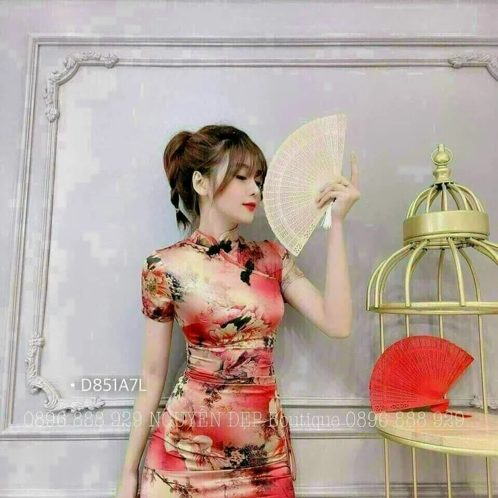 Đầm Sườn Xám Xẻ Tà Tay Ngắn Nút Mây Chất Thun Dẻo In 3d T346 - Lisa