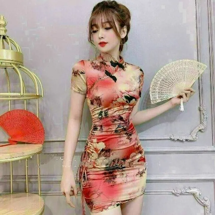 Alternative view of Đầm Sườn Xám Ôm Body Tay Ngắn Chất Thun Dẻo In 3d T345 - Lisa