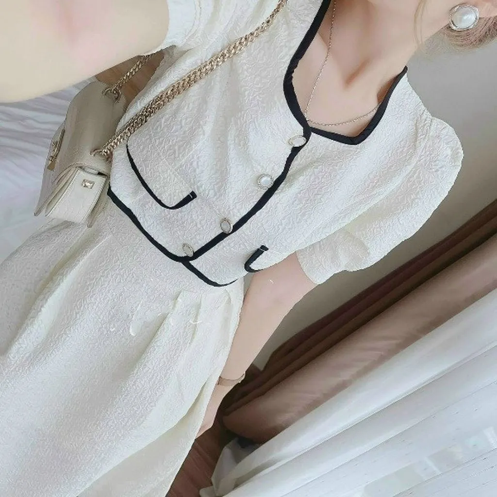 Alternative view of Set Áo Viền Né Cài Nút Thật Kèm Chân Váy Xòe Dài Có Lót Vải Xốp Nhật T327 - Lisa