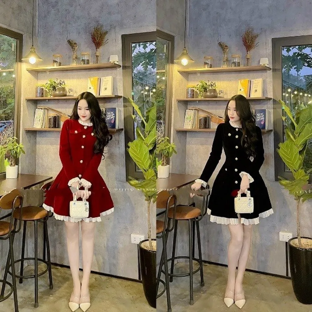 Alternative view of Đầm Tay Dài Xòe Tầng Xếp Ly Túi Giả Cài Nút Thật Cổ Và Tay Phối Bèo - Haka Mây