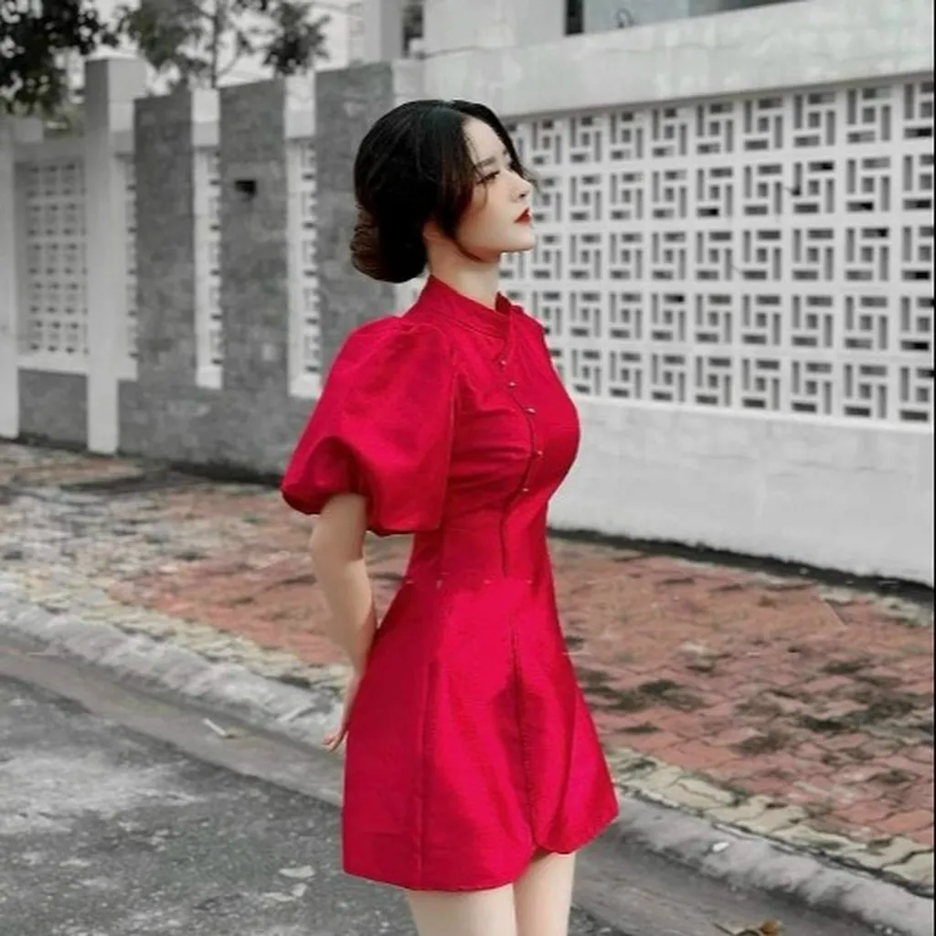 Đầm Cổ Tàu Tay Phồng Chất Cotton Lạnh - Haka Mây