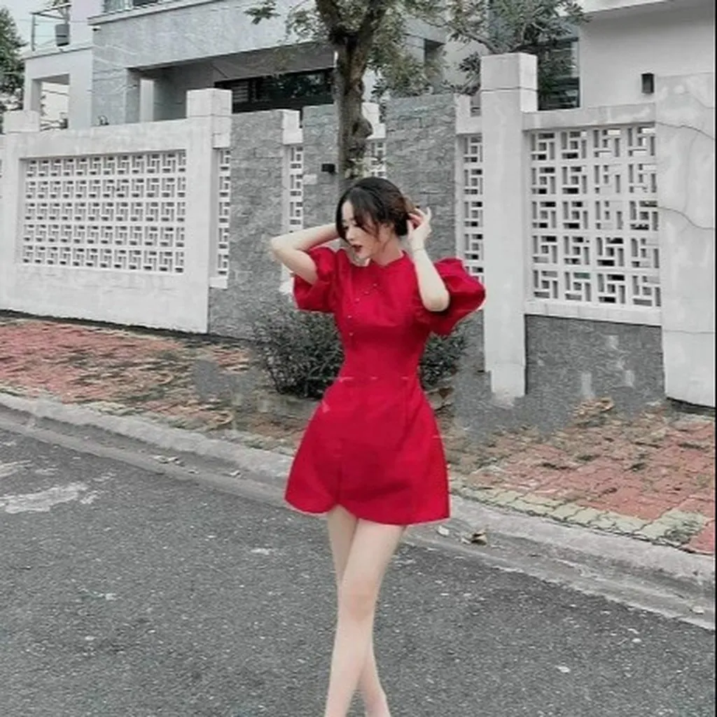 Alternative view of Đầm Cổ Tàu Tay Phồng Chất Cotton Lạnh - Haka Mây
