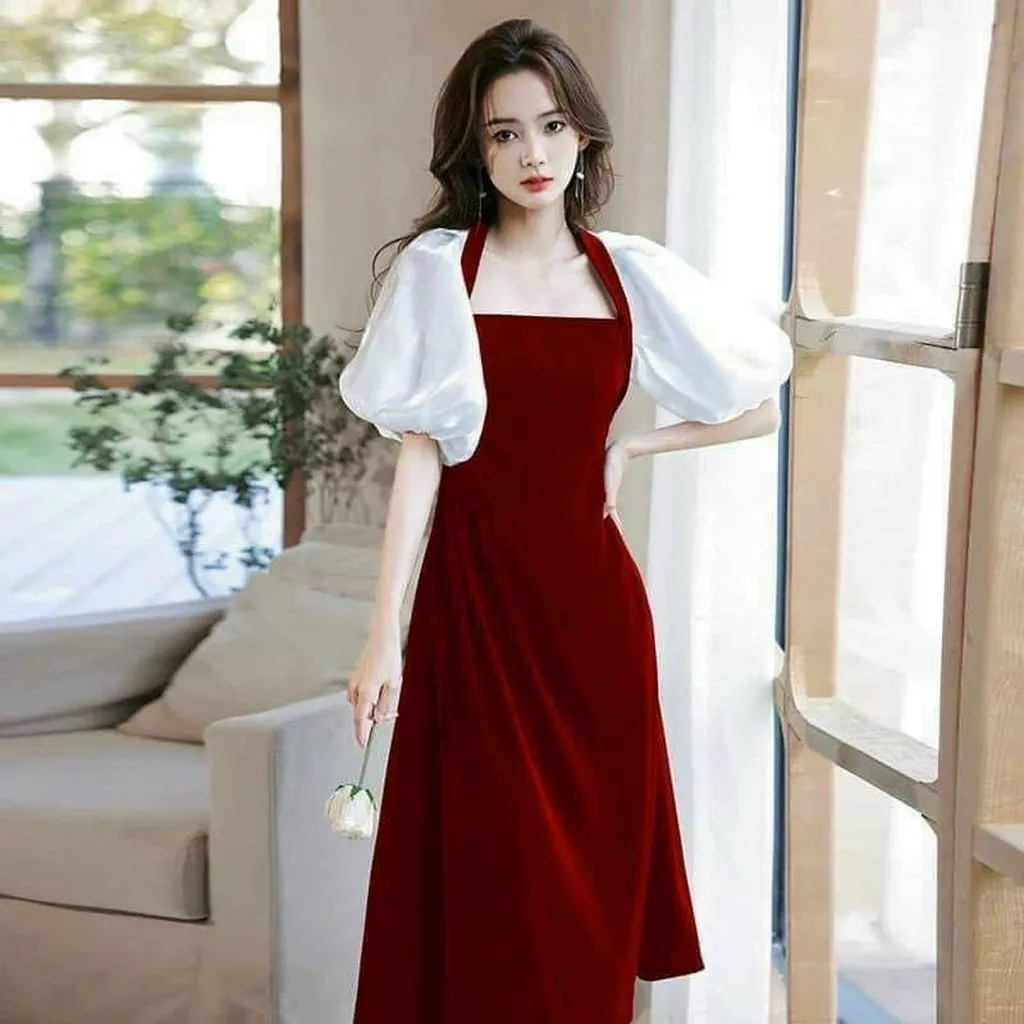 Đầm Nhung Xòe Dài Phối Tay Voan - Cloudy Dress