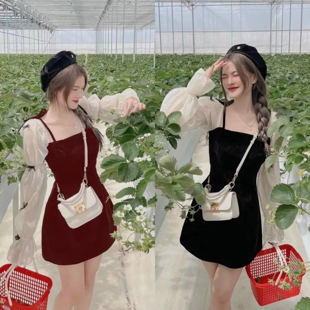 Đầm Nhung Đính Nơ Tay Dài (có Mút) - Cloudy Dress