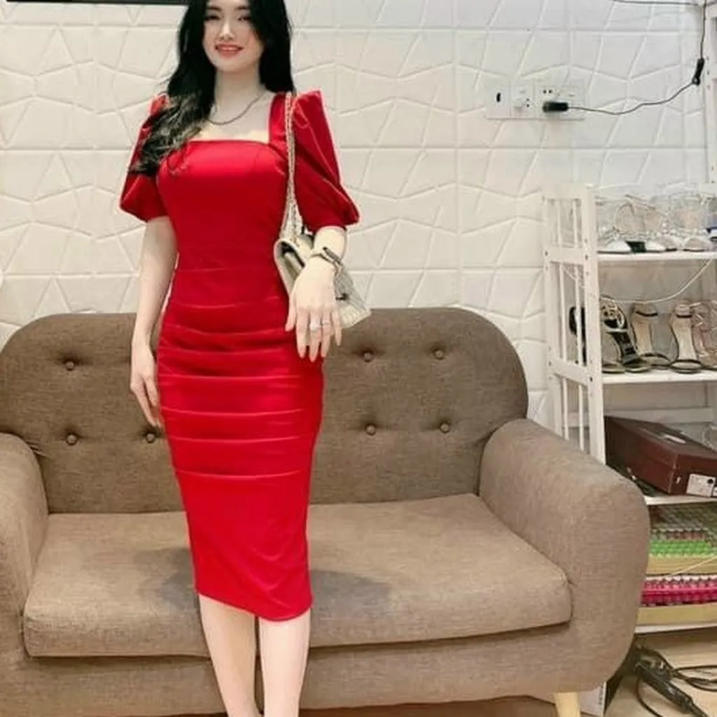 Đầm Body Tay Bồng Cổ Vuông Tôn Dáng V22 - Haka Mây