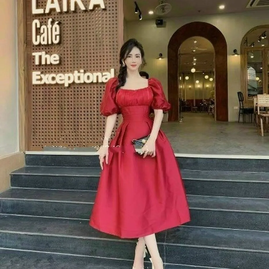 Alternative view of Đầm Xòe Cao Cấp Cotton Lạnh Phối Tơ Sống V32 - Haka Mây