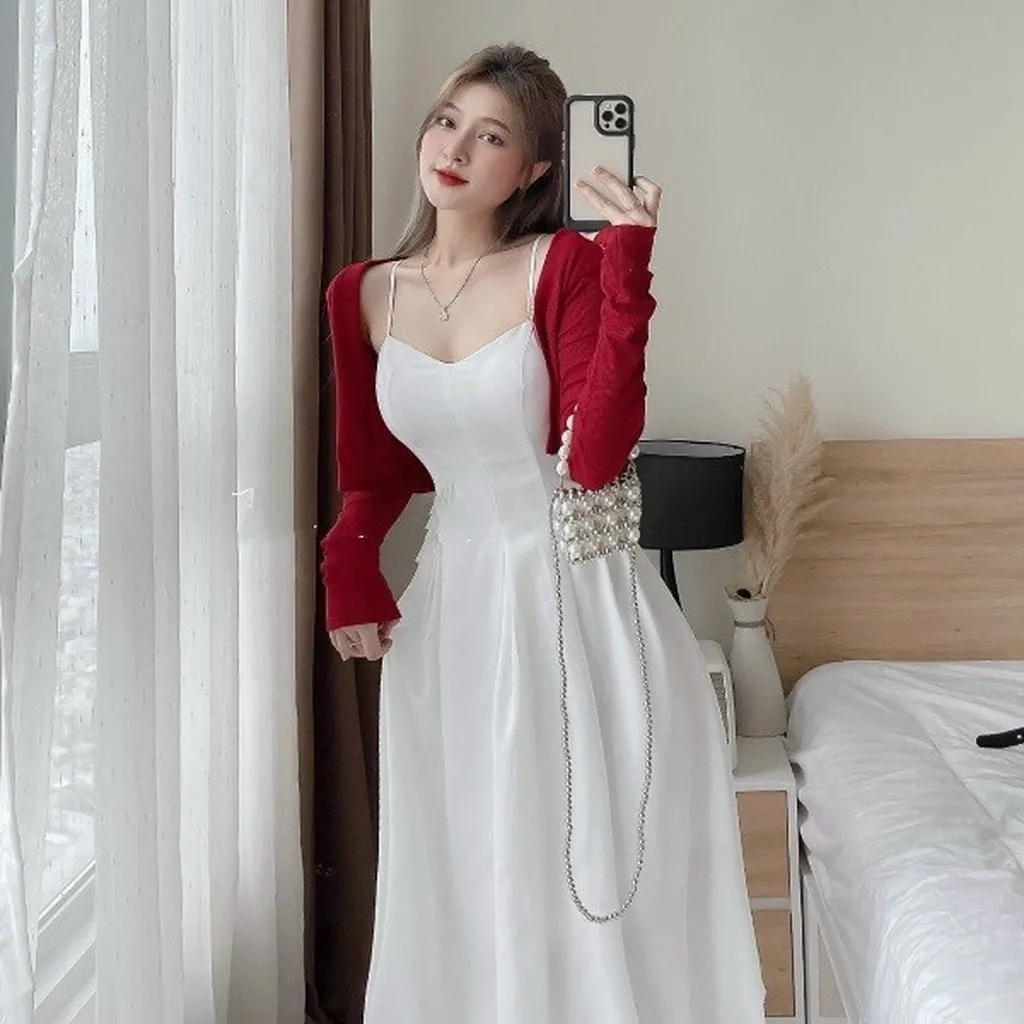 Set Áo Khoác Tăm Gân Kèm Đầm Xếp Ly Lụa Nhung ( Có Mút ) V36 - Haka Mây