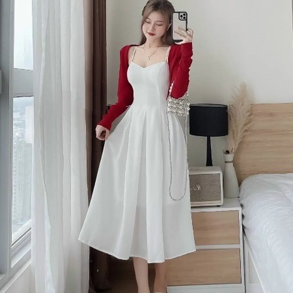 Alternative view of Set Áo Khoác Tăm Gân Kèm Đầm Xếp Ly Lụa Nhung ( Có Mút ) V36 - Haka Mây