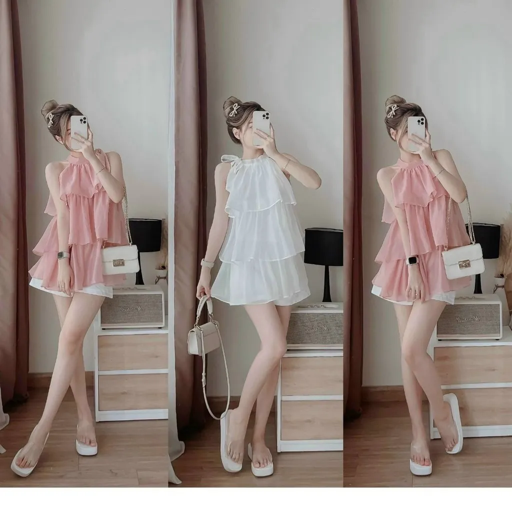 Alternative view of Set Bộ Đùi Áo Cổ Yếm Xếp Tầng ( Áo Xốp Gân Và Quần For ) V37 - Haka Mây