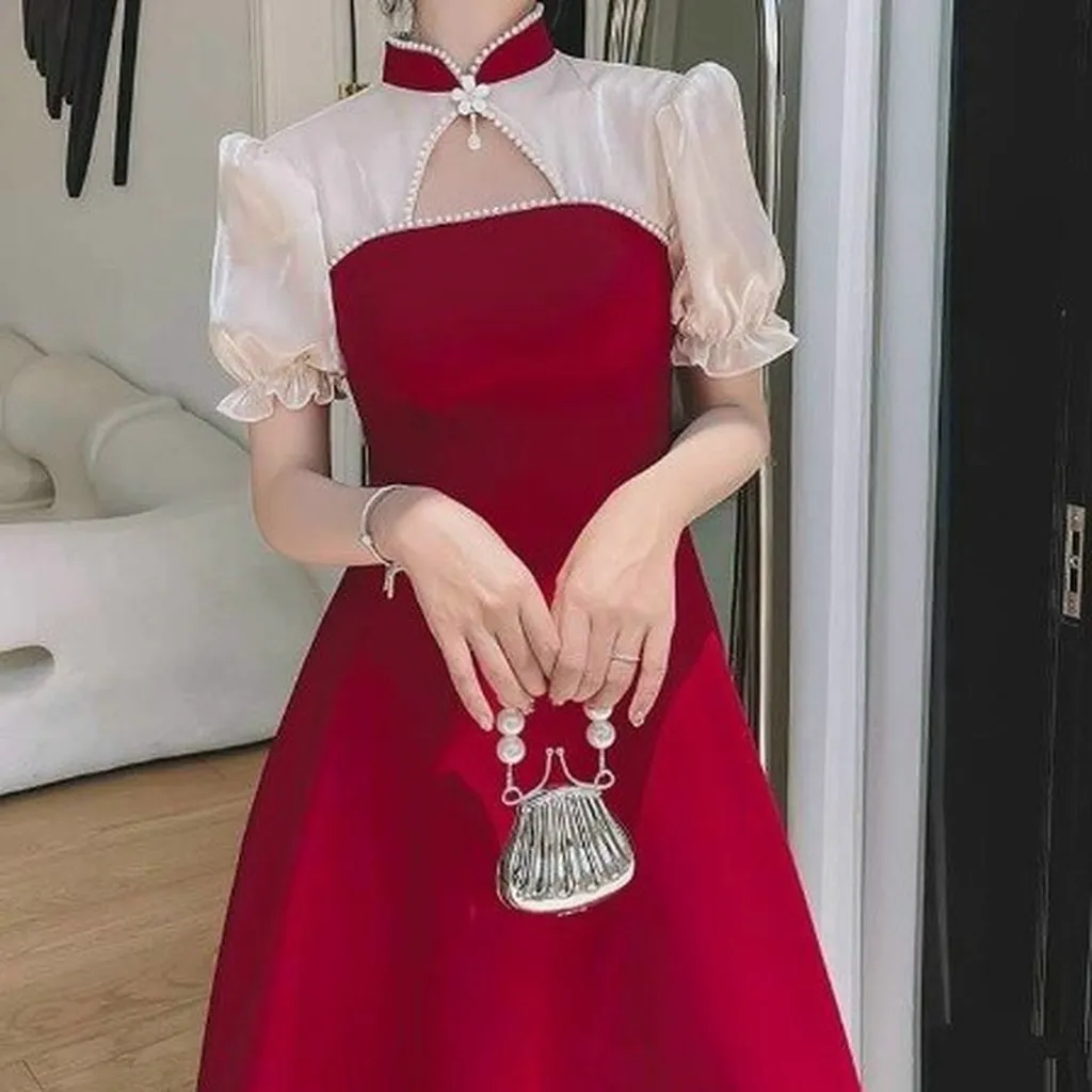 Alternative view of Đầm Phối Voan Tơ Đính Cườm Kèm Phụ Kiện Chất Umi Phối Voan Tơ V38 - Haka Mây