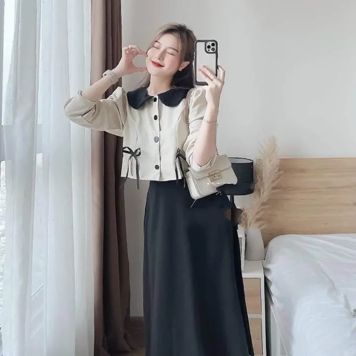 Alternative view of Set Chân Váy Kèm Áo Tay Dài Phối Bèo Cổ Cài Nút Thật V41 - Haka Mây