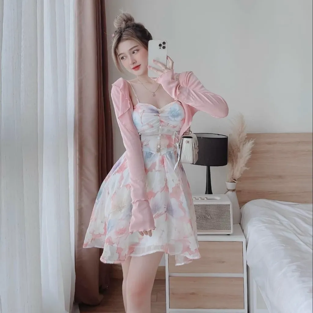 Alternative view of Set Áo Khoác Kèm Đầm Hoa Voan Đính Cườm V47 - Haka Mây