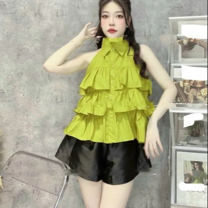 Set Bộ Lá Cổ Đính Nút Dáng Bèo Xoè Tầng Xinh Chất Tapta Kết Hợp Lụa V166 - Cloudy Dress