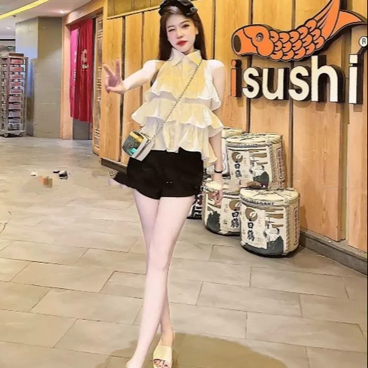 Alternative view of Set Bộ Lá Cổ Đính Nút Dáng Bèo Xoè Tầng Xinh Chất Tapta Kết Hợp Lụa V166 - Cloudy Dress
