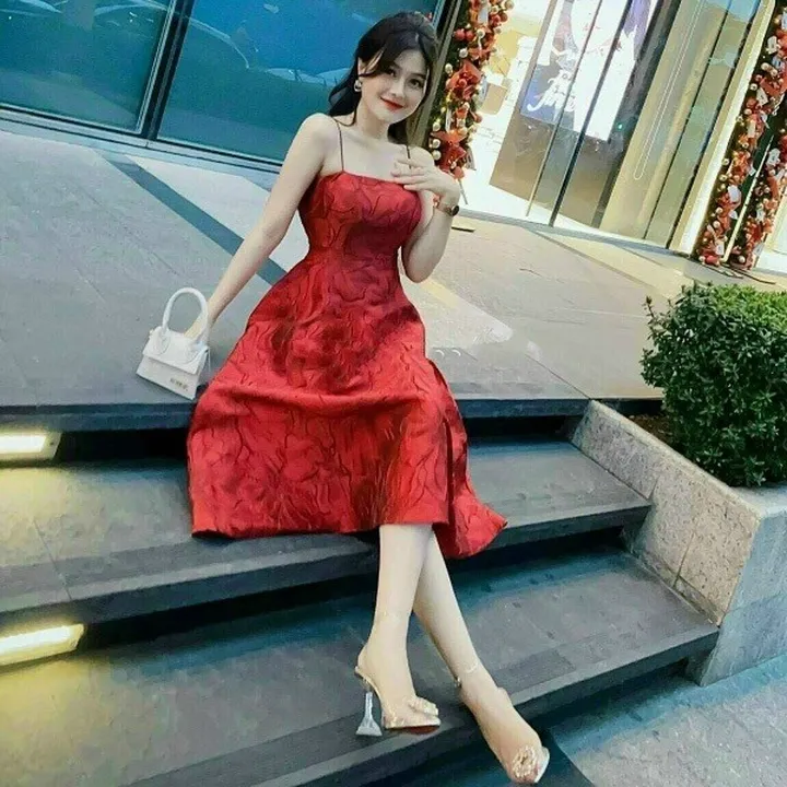 Alternative view of Đầm Gấm Hoa Cao Cấp Có Mút Hai Dây Dáng Dài V156 - Cloudy Dress