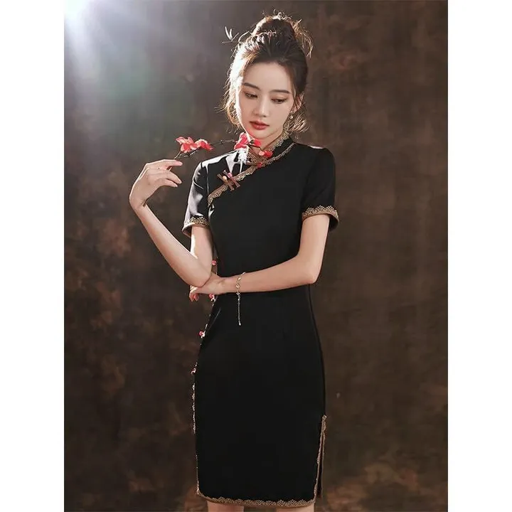 Đầm Sườn Xám Đen Cổ Điển Siêu Đẹp Viền Cổ Tay V143 - Cloudy Dress