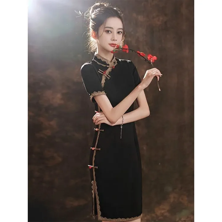 Alternative view of Đầm Sườn Xám Đen Cổ Điển Siêu Đẹp Viền Cổ Tay V143 - Cloudy Dress
