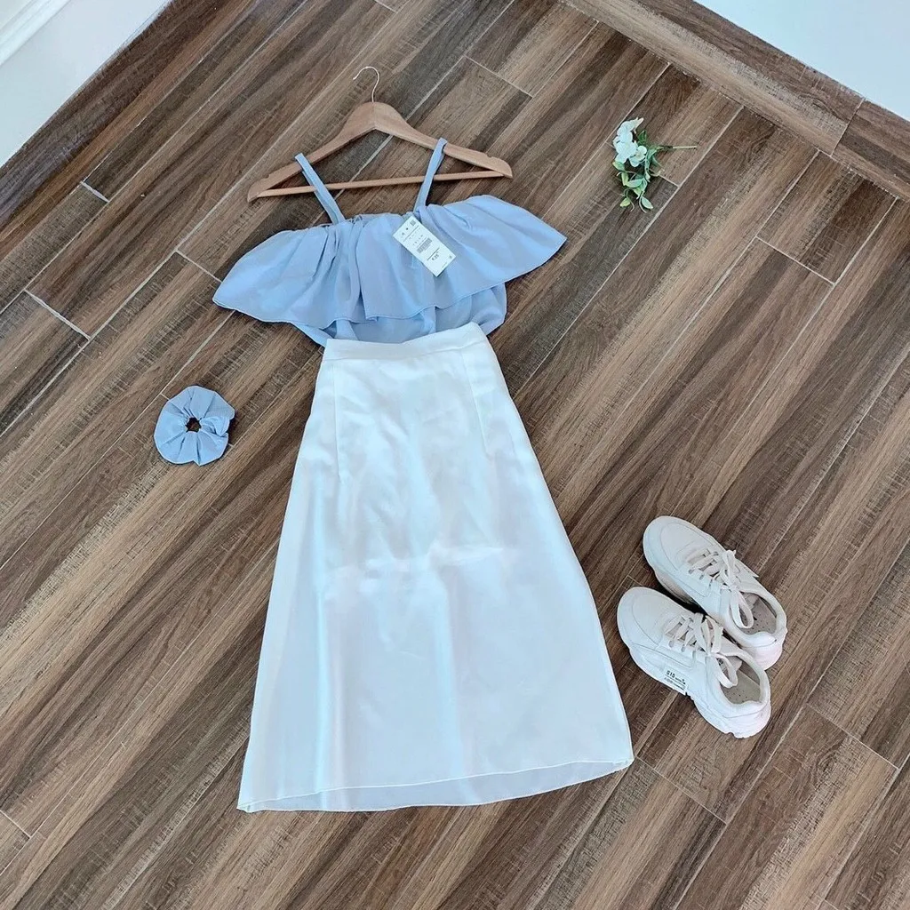 Xếp Đầm Xòe Trắng Áo Trễ Vai Bèo Tiểu Thư V63 - Cloudy Dress