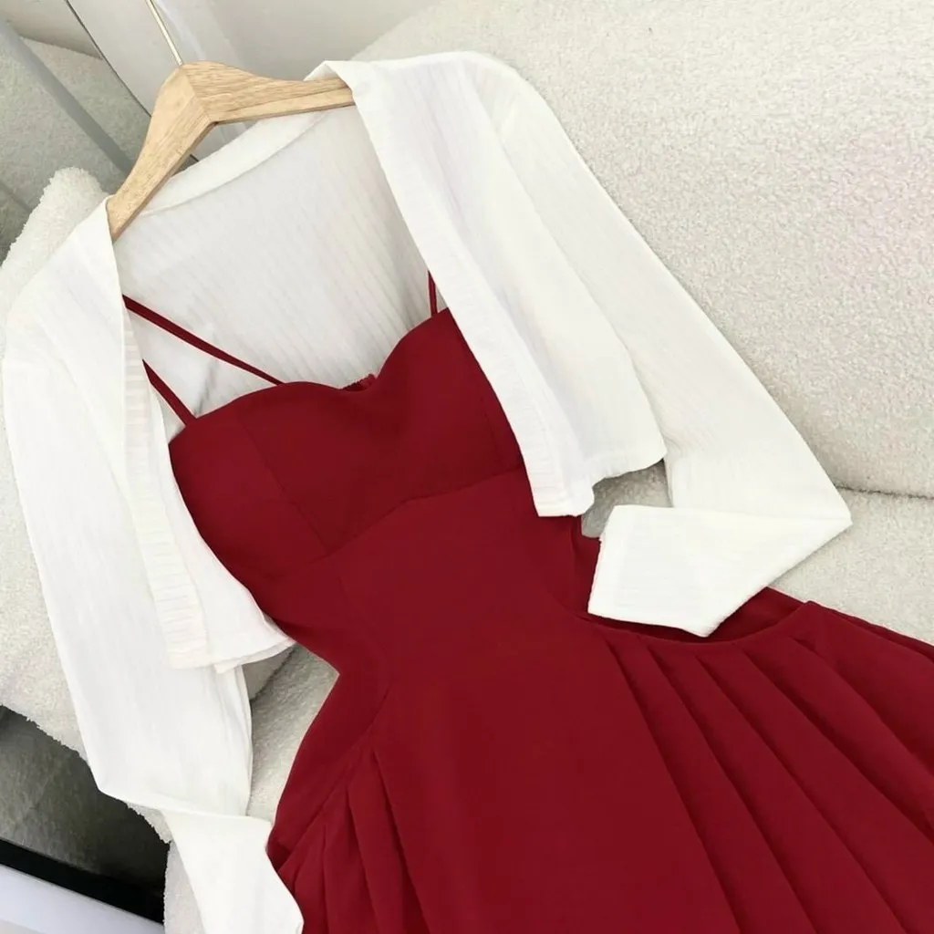 Set Áo Khoác Tăm Gân Kèm Đầm Xếp Ly Hai Túi (có Mút) V144 - Cloudy Dress