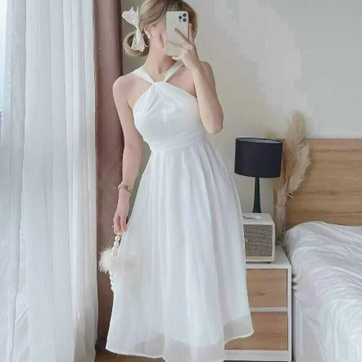 Alternative view of Đầm Tiểu Thư Voan Lụa Cổ Chéo Dáng Dài Màu Trắng V71 - Cloudy Dress