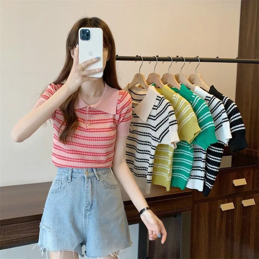 Áo Dệt Kim Nữ Dáng Cổ Bẻ, Họa Tiết Kẻ Ngang Nhiều Màu Slcxa135 - Chipxinhxk