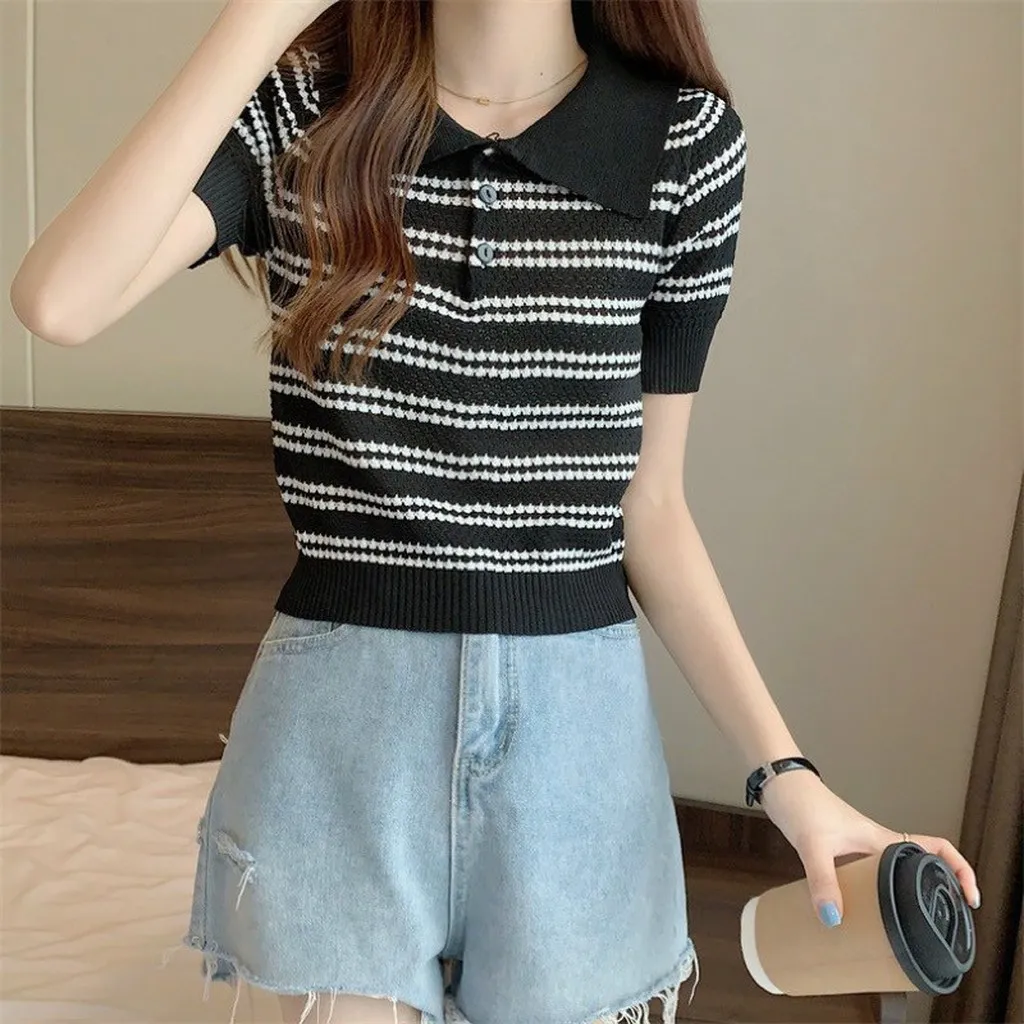 Alternative view of Áo Dệt Kim Nữ Dáng Cổ Bẻ, Họa Tiết Kẻ Ngang Nhiều Màu Slcxa135 - Chipxinhxk