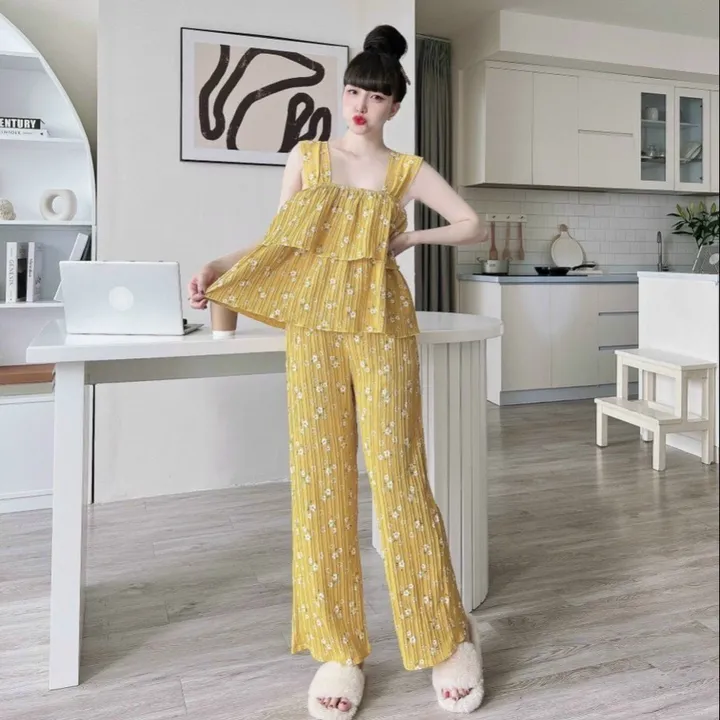 Set Hai Dây Tầng Hoa Phối Quần Dài (dũi Xốp) V226 - Haka Mây