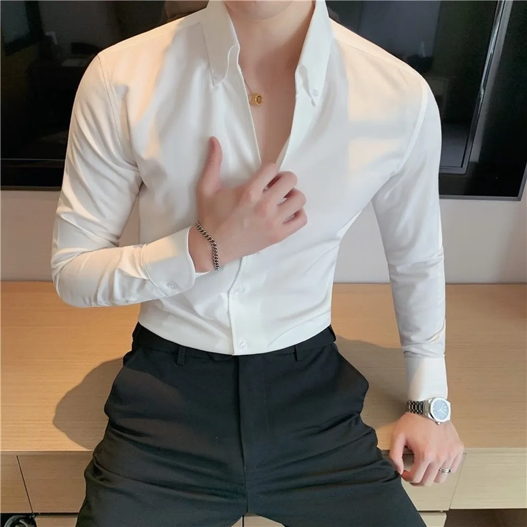 Alternative view of Áo Sơ Mi Nam Cổ V Công Sở Trắng Đen Tay Dài Cúc Cổ Kiểu Mới Phong Cách Hàn Quốc Cao Cấp Thời Trang Lịch Lãm - Tuto5