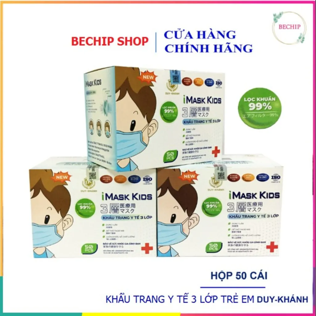 Hộp 50 Cái Khẩu Trang Y Tế Trẻ Em 3 Lớp Cao Cấp Kháng Khuẩn Duy Khánh Ctb138 - Bechip