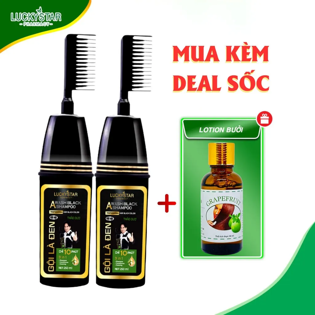 Combo 2 Gội Là Đen Phủ Bạc Lucky Star 250ml Tặng Kèm 1 Lotion Bưởi 30ml