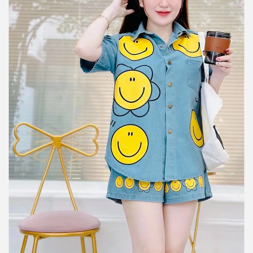 Alternative view of Set Bộ Đồ Jean Nữ Hoa Tiết Mặt Cười Ug021 - Nana House